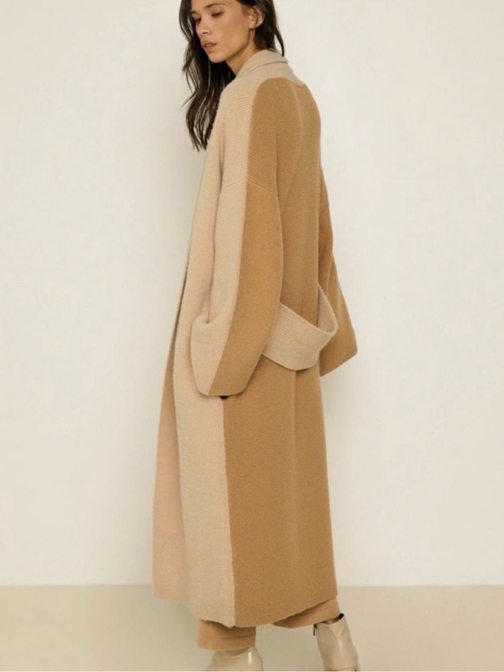 OAK+FORT Long Colorblock Duster Cardigan in Camel and Cream